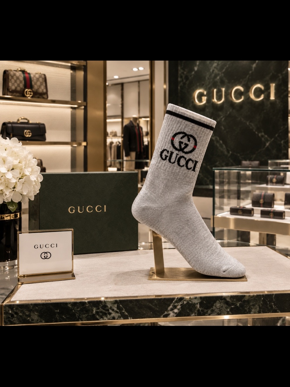 Gucci Light Gray Crew Socks with Black Logo and Red Accents